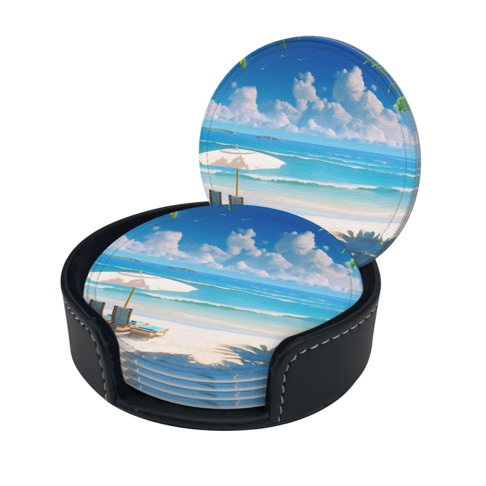 Stylish Coasters - Beach Sunset Ocean Waves Set of 6 Round Leather Drink Coasters with Holder - Perfect Size for Cups and Glasses