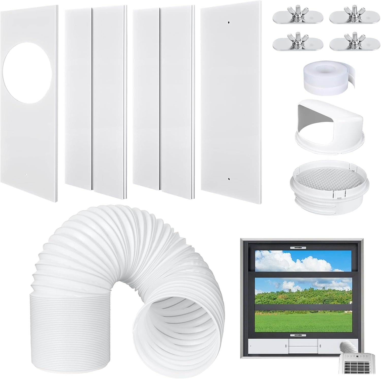 Portable AC Window Vent Kit with Waterproof Cover,AC Window Seal Kit with 5.9" Diameter,59" Length Hose for Sliding Horizontal or Vertical Window with 4 Seal Plates Ac Exhaust Hose Kit