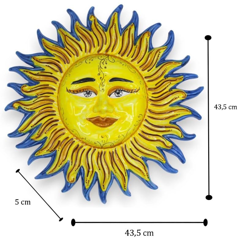 Soleil en céramique Caltagirone bleu grand format 45 cm objet déco mural italien