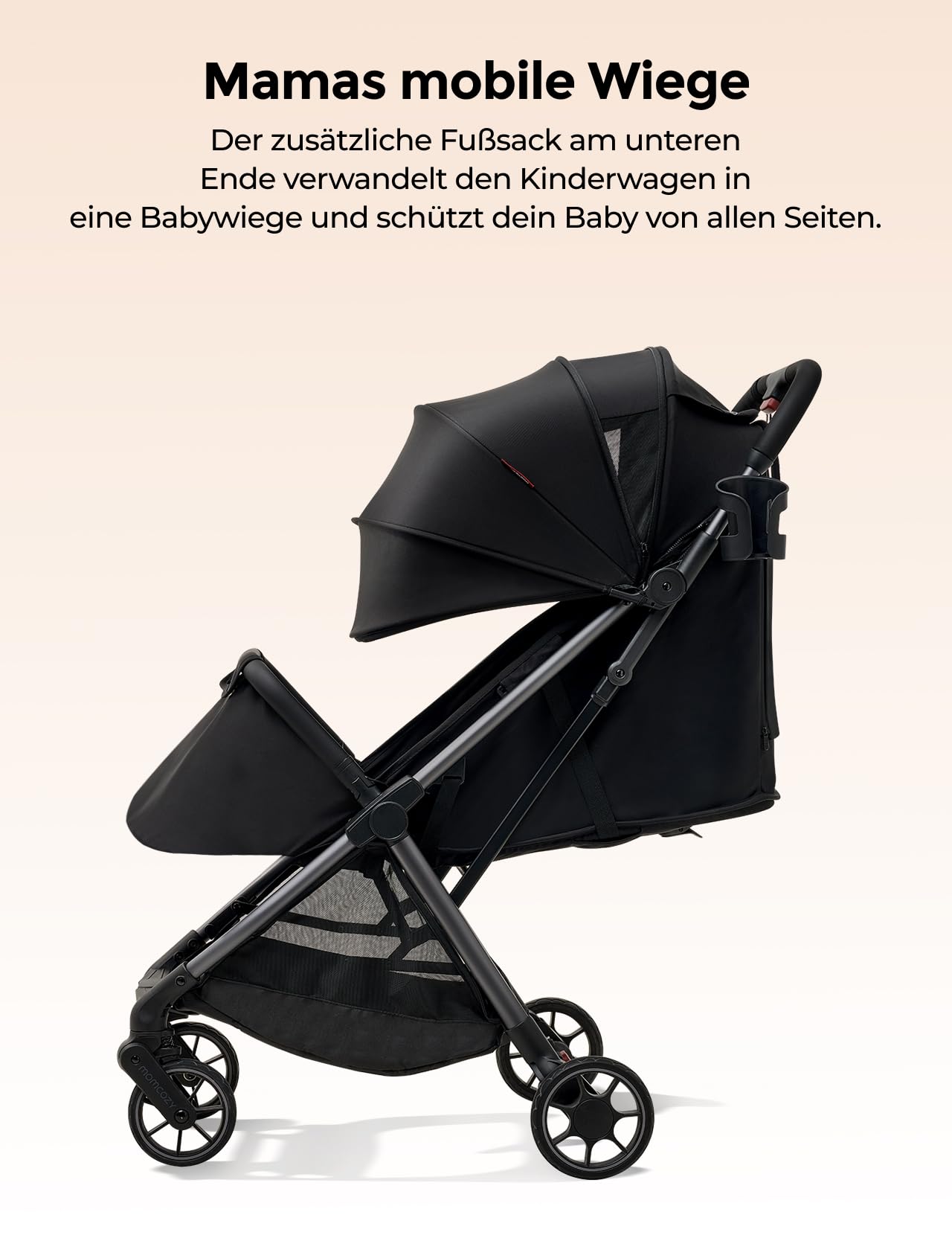 Momcozy ClickGo Buggy klein zusammenklappbar als Flugzeug-Handgepäck, Einhand-Klappmechanismus, mit Liegefunktion, UV-Schutz 50+, XL-Korb bis 3 kg, Geeignet von 0–4 Jahren bis 22 kg, Schwarz