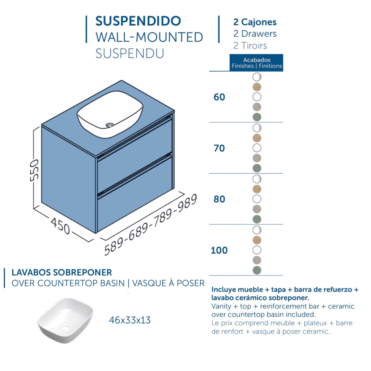 Mueble de Baño Suspendido con Lavabo Sobreponer Cerámico | Mueble Volado 2 Cajones | 60 cm Blanco Mate