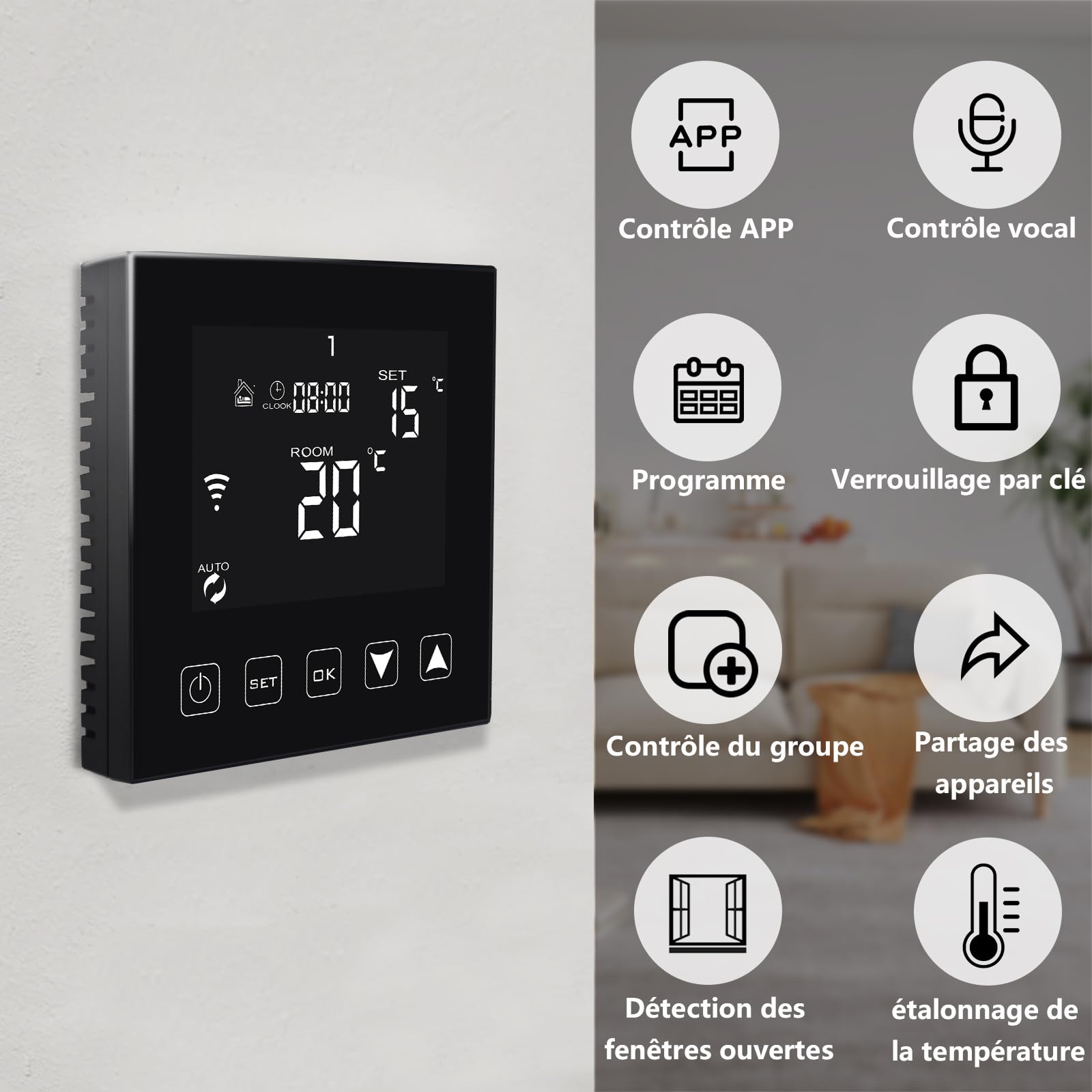 KETOTEK Thermostat Intelligent WiFi pour Chauffage au Sol électrique avec sonde Compatible avec Alexa, Thermostat Connecté Programmable Plancher Chauffant Electrique 16A Noir