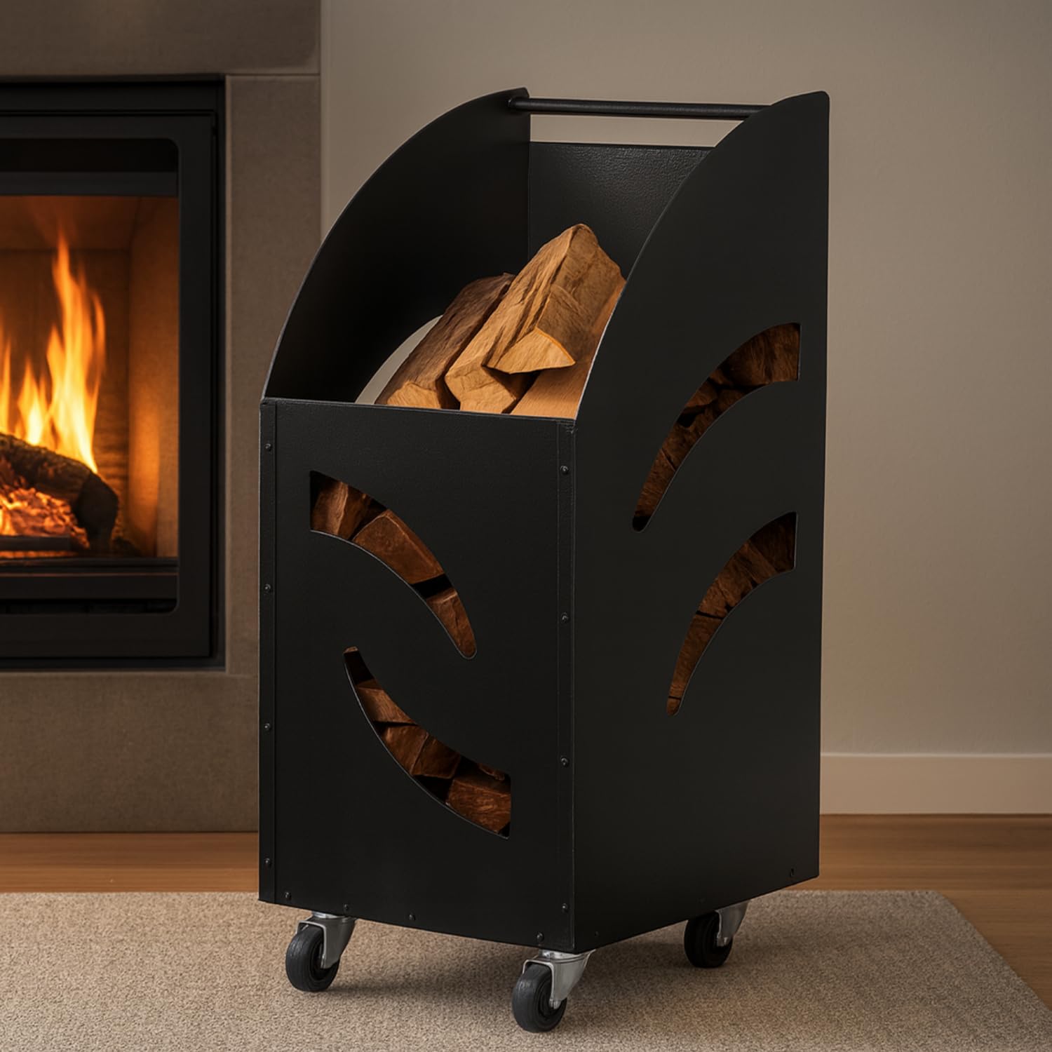Paluplus Cesto Portalegna da Camino con Ruote di colore Nero, Misura 32x42x80 cm, Box per legna in Acciaio Verniciato con Maniglia, Design Elegante, per Stufe e Camini, Made in Italy -2411F -12,5