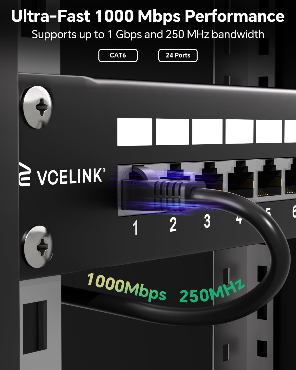 VCELINK Pannello Patch CAT6 24 Porte Schermato Rack 19" 1U RJ45, 250MHz | Banda passante 250MHz conforme standard EIA/TIA 568A&B, trasmissione 1G stabile senza interferenze