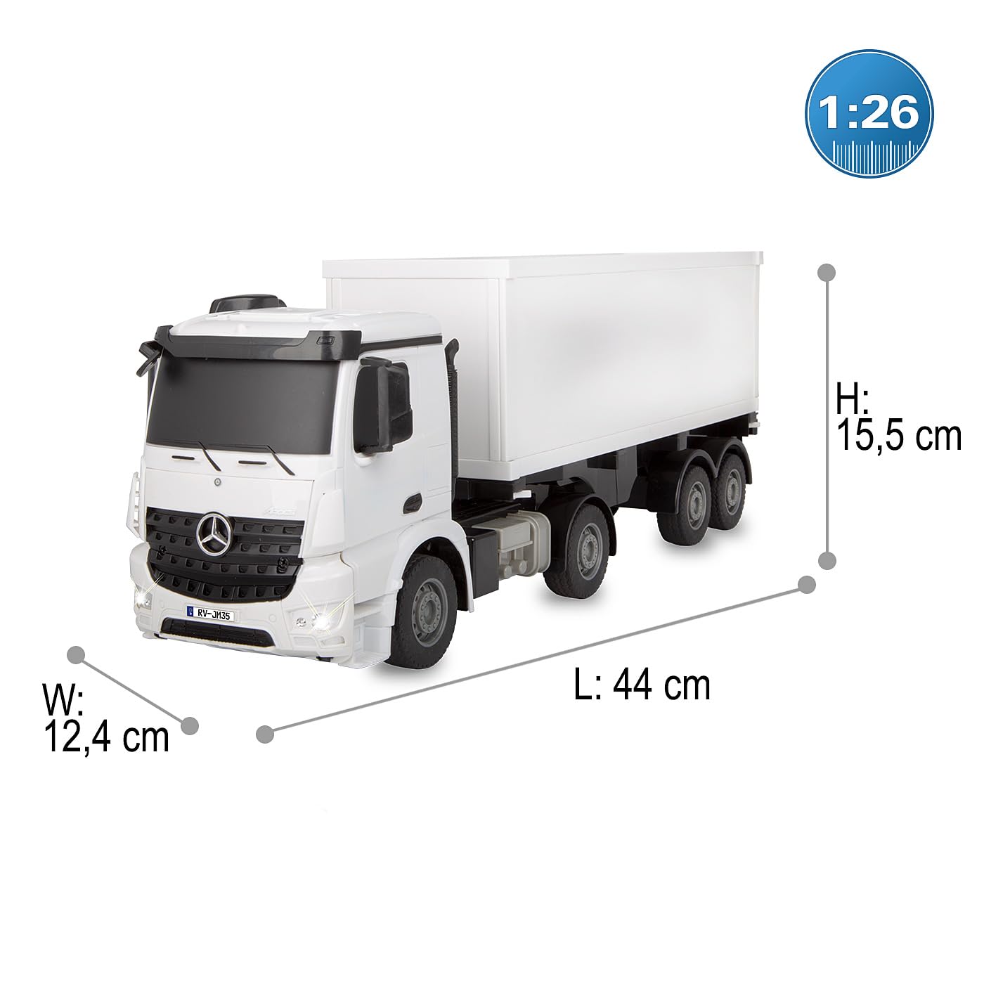 JAMARA 408300 kontener do samochodów ciężarowych Mercedes-Benz Arocs 1:26 2,4 GHz – samochód ciężarowy RC zdalnie sterowany, zabawka dla dzieci, ciężarówki, pojazdy, zdalne sterowanie, prezent dla