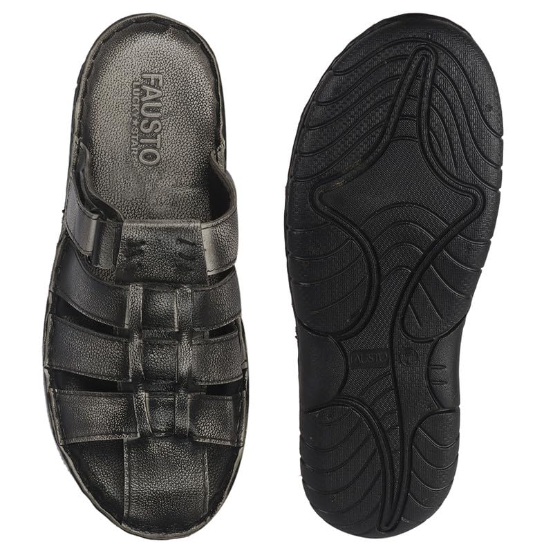 Image of FAUSTO Men Genuine Leather Multi Strap Closed Toe Broad Feet Slip On Slippers with Adjustable Strap | Roman Sandals