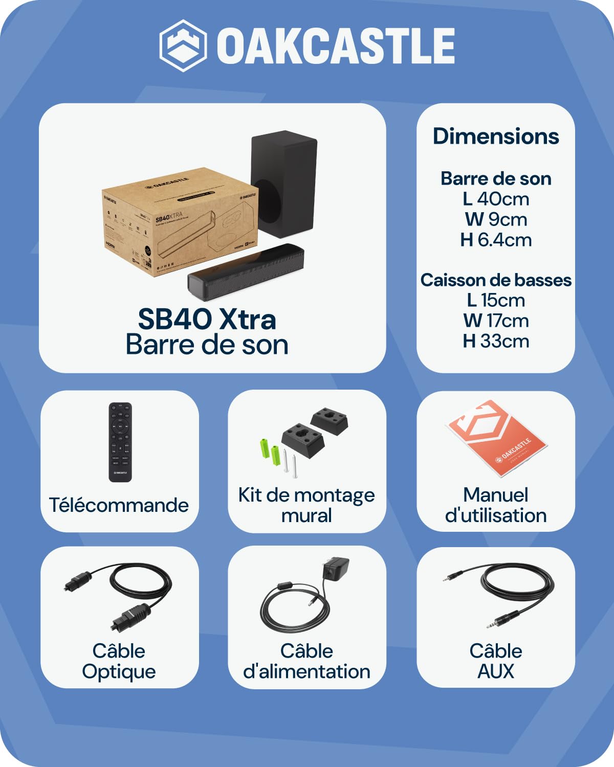 Oakcastle Barre de Son TV 2.1, Soundbar, Caisson de Basses 90W SB40 Xtra | HDMI Arc AUX Optique USB | Télécommande Kit Mural PC Téléviseur