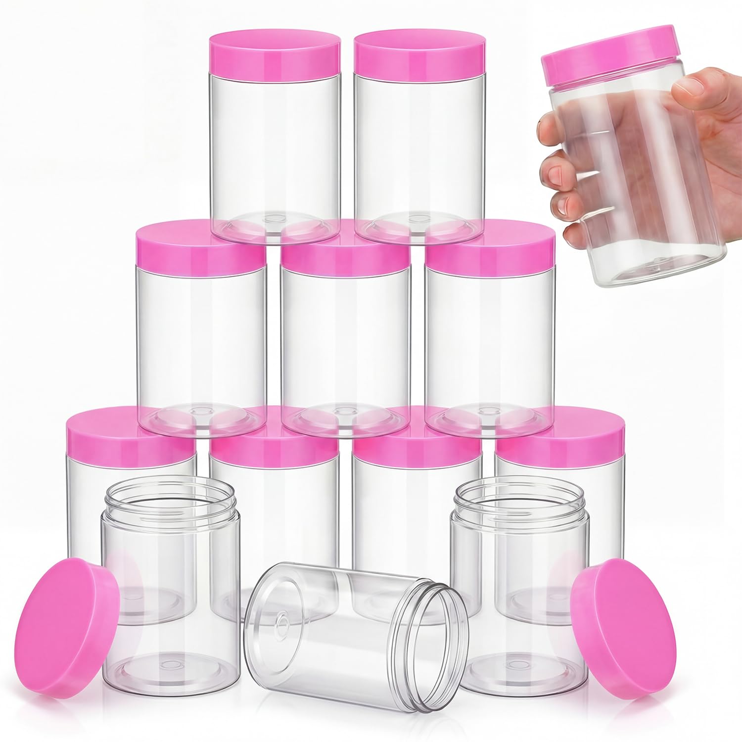 SATINIOR 12 Pack 10 oz Plastic Container Jars with Lids Round Clear Travel Cosmetic Container Slime Jars for Toiletries, Lotion, Cream, Ointments, Makeup, Rhinestone, Samples, Kitchen Storage(Pink)