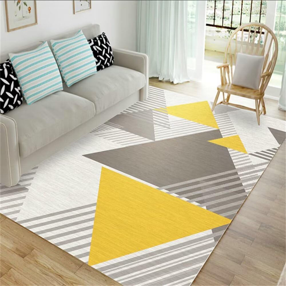 Tapis de chambre ado fille 90x120cm en motif géométrique moderne jaune et gris antidérapant
