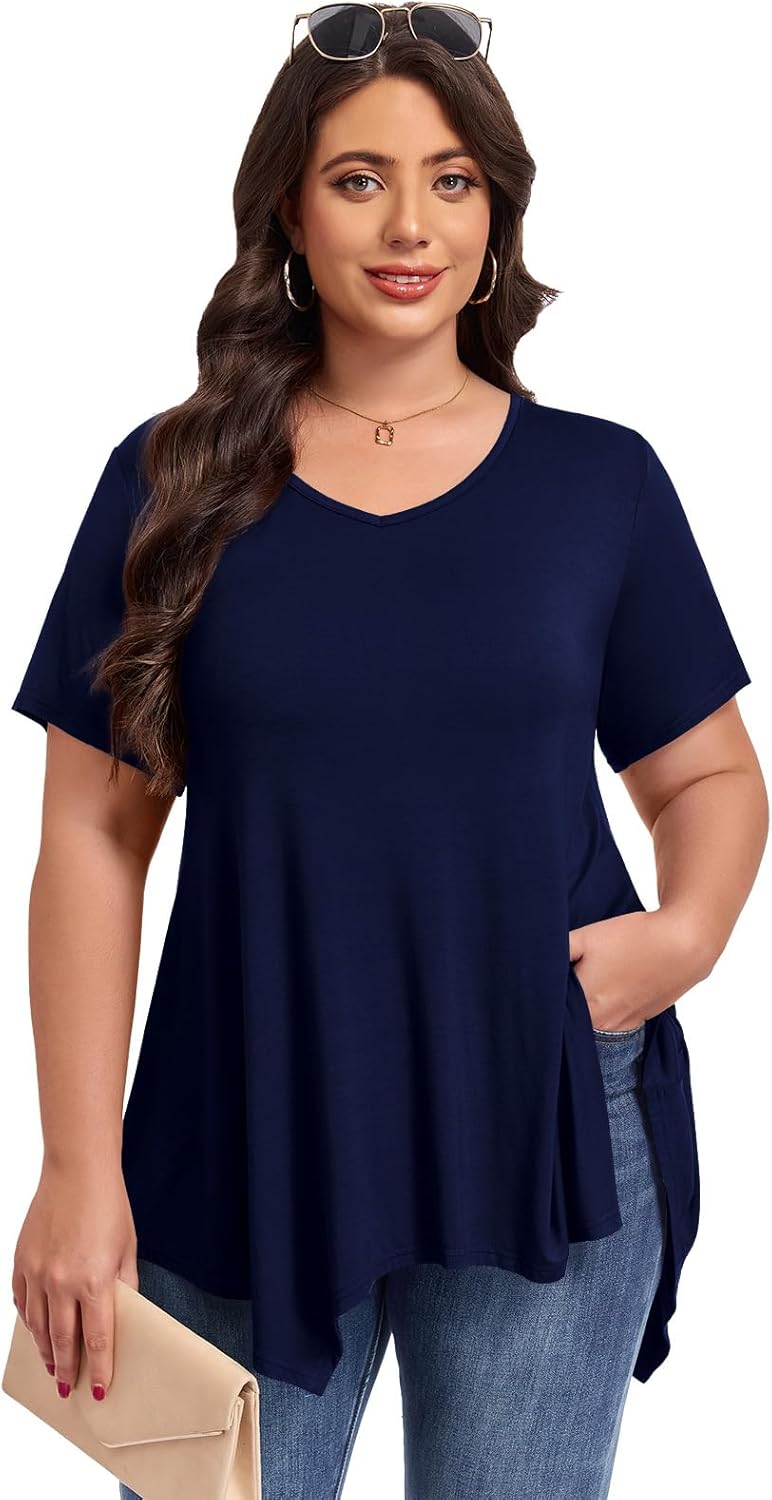 LARACE Plus Size Tops for Womens Summer Clothes Short Sleeve Shirts Casual V Neck Tunic Asymmetrical Blouses - Image 2