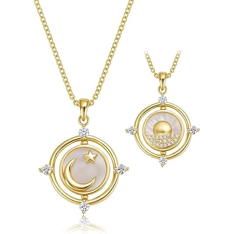 Celestial Necklace for Women: 14K Gold Plated Compass Sun Star Moon Phase Pendant, ...