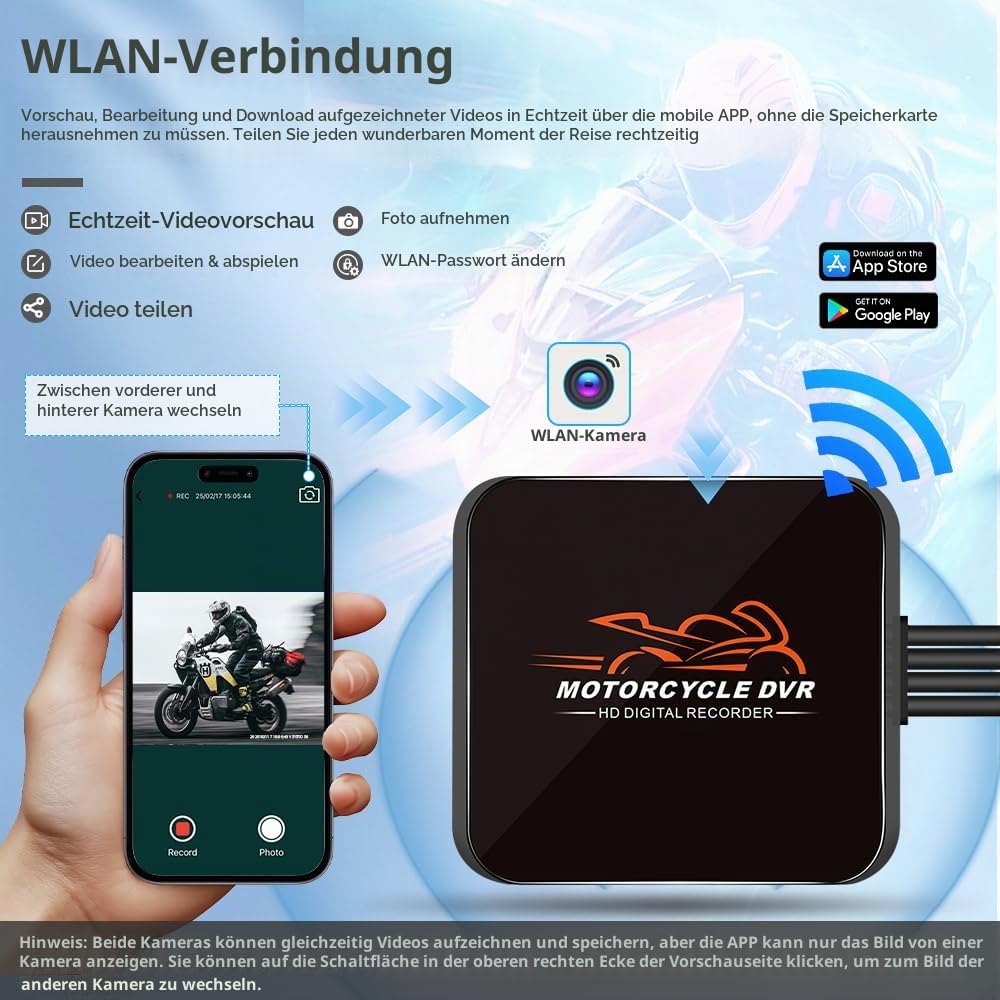 VSYSTO Motorrad-Dashcam 130° Weitwinkelobjektiv, 1080P Dual-Kameras Vorne und Hinten, Kein Bildschirm, WiFi, Nachtsicht, G-Sensor, Loop-Aufnahme (Schwarz-D6RL)