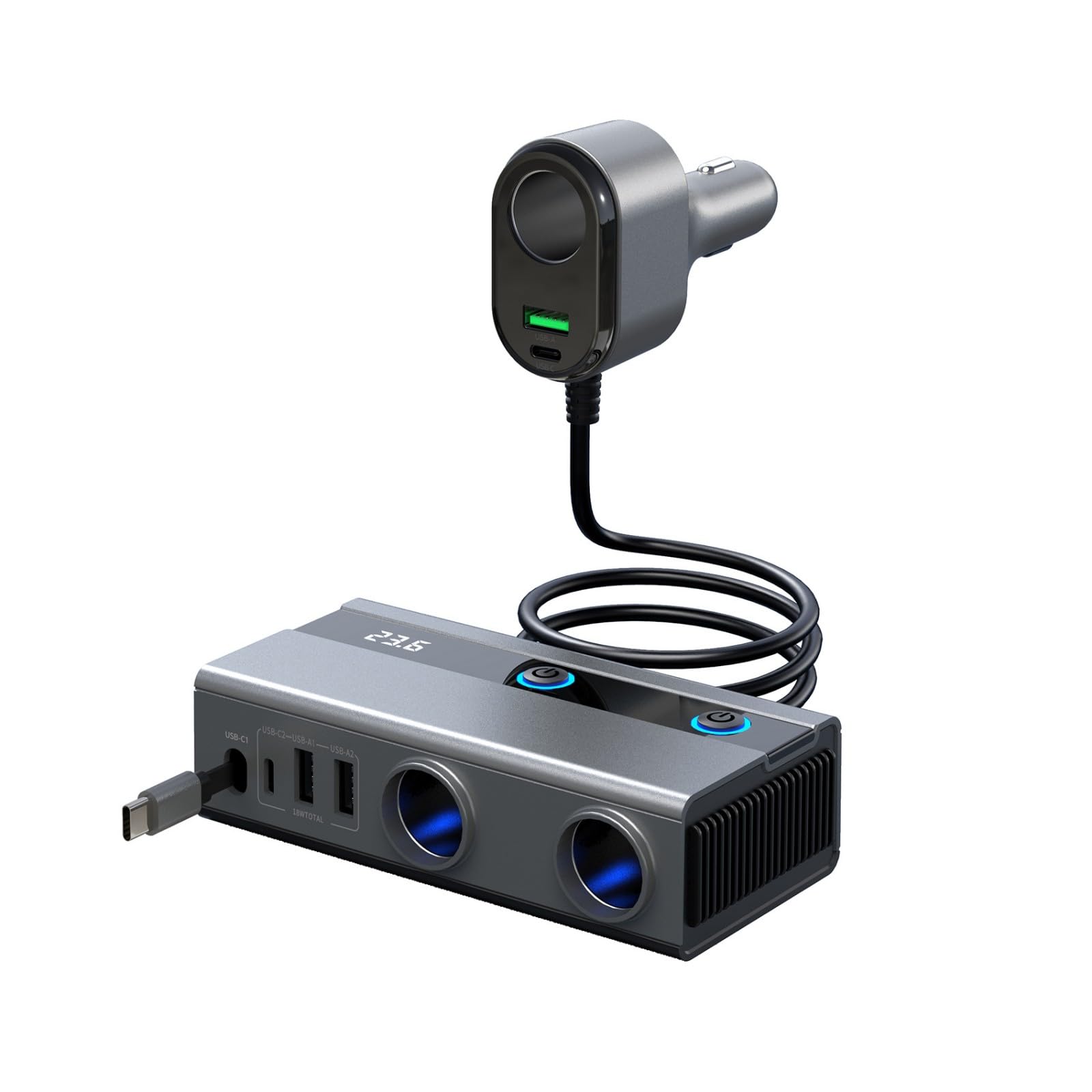 Adaptador de carga de coche 9 en 1 de alta potencia de 120 W con cable USB C retráctil, múltiples puertos para carga rápida PD65 W en Vehi