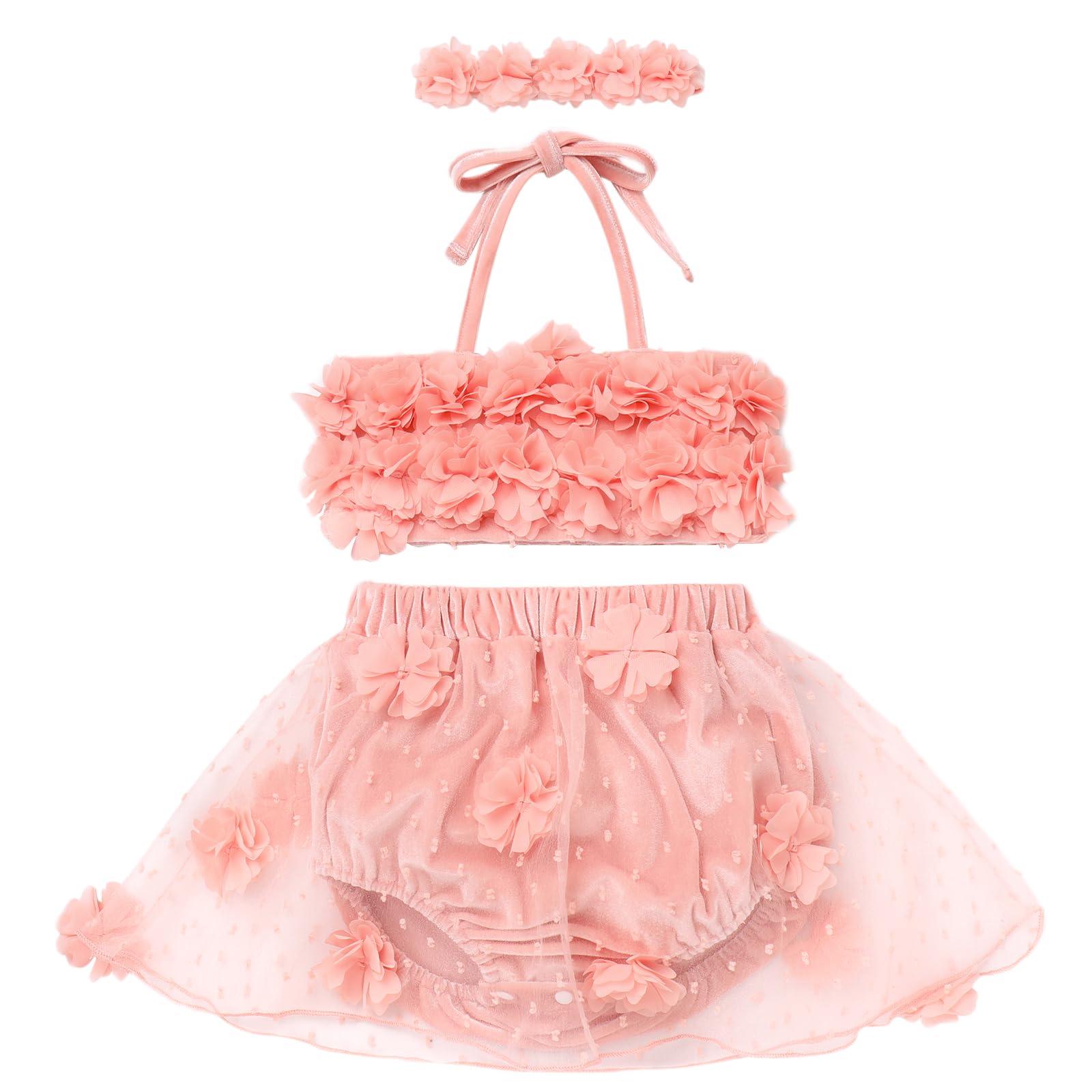 Newborn Baby Girl Swimsuit: Bikini Bathing Suits Flower Velvet Halter Summer Beach Hawaii Holiday Casual Solid Color Photo Shoot Outfit Tankini Set Princess Swimwear Pink 18-24 Months