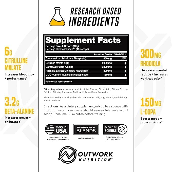 Outwork Nutrition Non-Stim Pre Workout Powder - Citrulline Malate, Beta-Alanine, Rhodiola Extract for Performance, Focus & Energy Boost - Preworkout for Men, Women (Caffeine Free, Piña Colada) Caffeine-Free Piña Colada image 2 of 5 B0CB723QLZ
