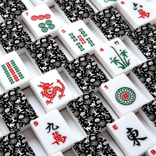 VETEB American Mahjong Tile Set Halloween Seamless Skeletons Pumpkins Bats Black Cats Webs Haunted 166 Acrylic Mahjong Tiles 1.4" Large Mahjong Game Set with Bag and Accessories for Gift Travel Party - Image 4