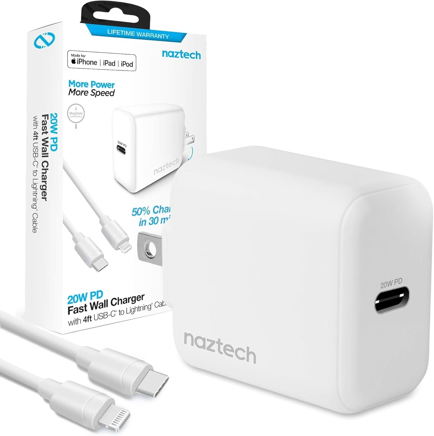 Naztech 20W Lightning Charger iPhone 14 Charger Fast Charging Block w/ 4ft USB-C to Lightning Cable Quick Rapid Charging for iPhone 11, 12, 13 14 Pro Max, iPad & More, Apple MFi Certified PD Adapter