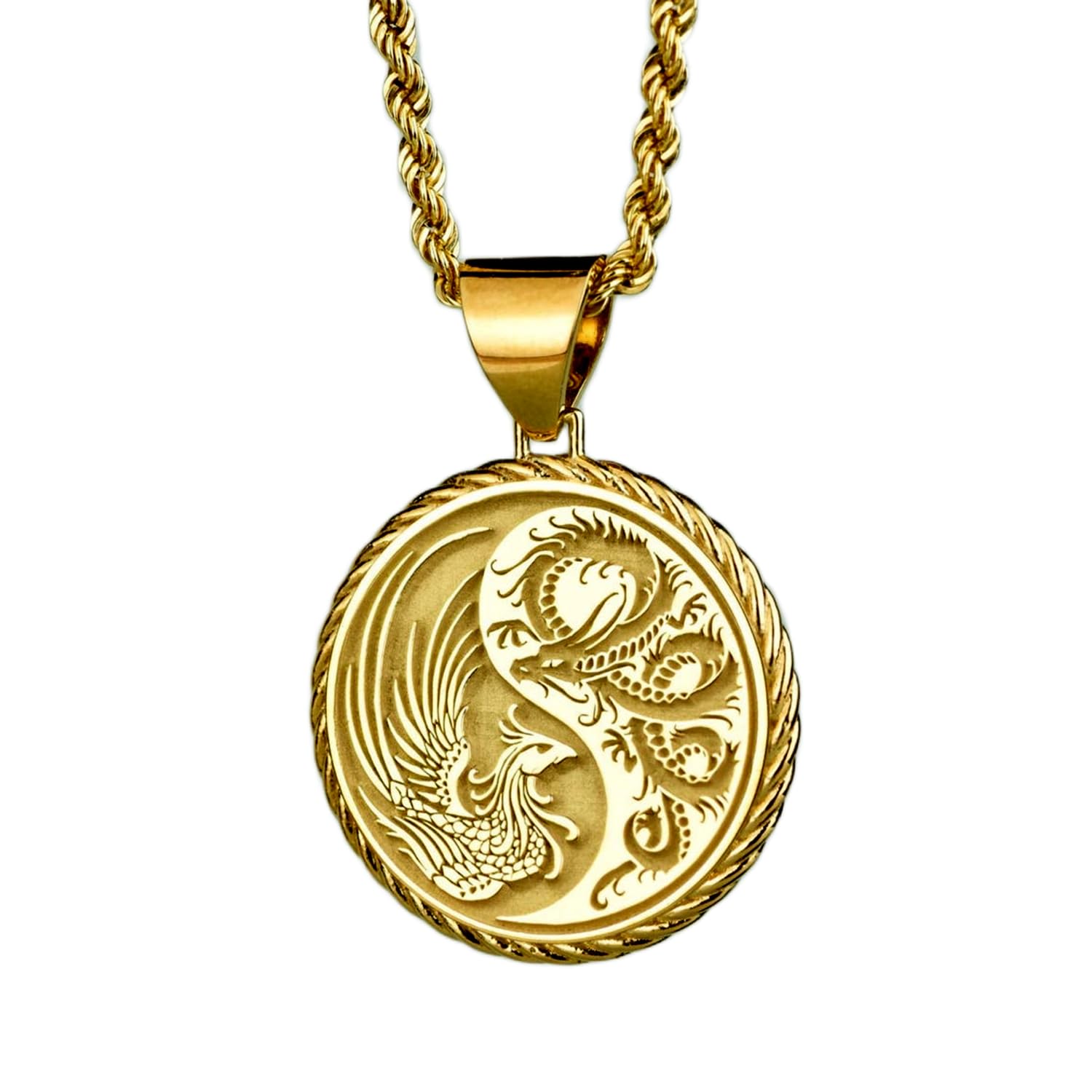Collier pendentif pièce de monnaie Phénix Dragon chaîne 45,7 cm