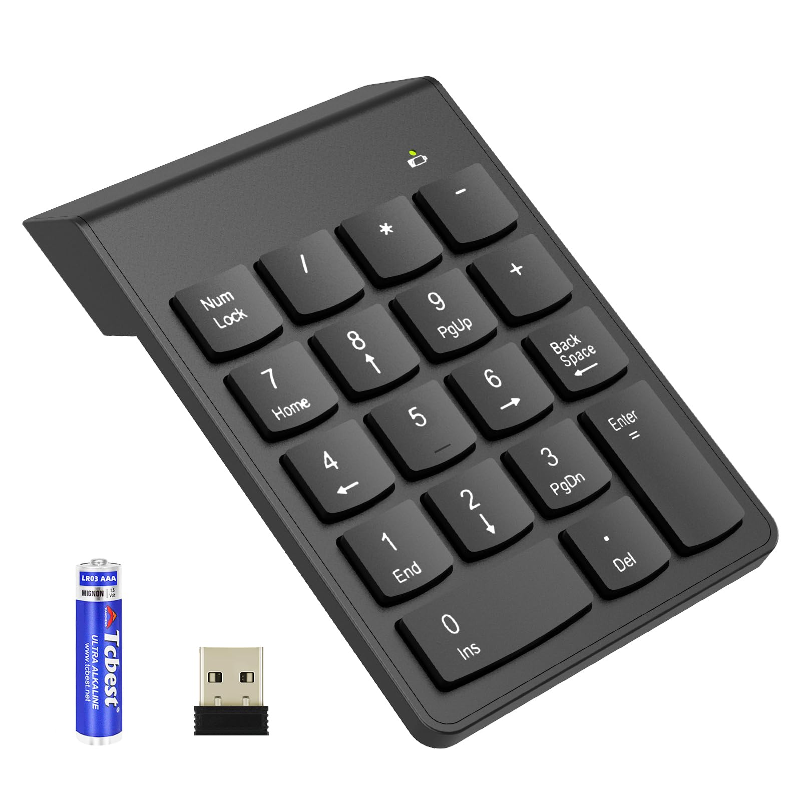 Wireless USB Numeric Keypad with Battery – Portable 10-Key Mini Number Pad for Laptop & Desktop, Ergonomic Tilt Design, Compatible with Windows ChromeOs & Mac OS