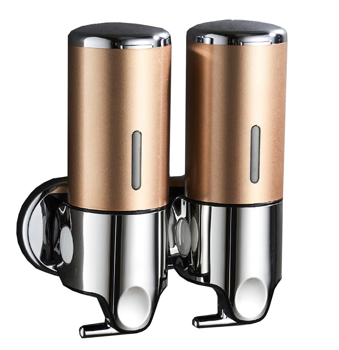 Doble Manual Ducha Dispensadors Mural Sin Taladrar, 2 x 500ml Champu Shampoo and Body Wash Dispensador Jabon Pared para Baño Home Hotel T-Bar Metal Bomba 2 en 1,Oro Dorado