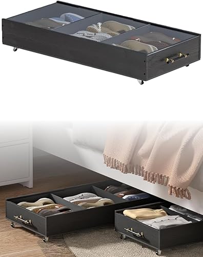 Paquete de 1 cajón de almacenamiento de madera maciza debajo de la cama con ruedas, tapas, asas, armario dividido debajo de la cama para armario,