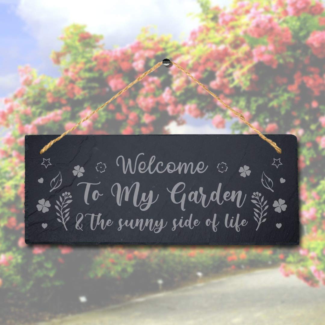 Stukk Natural Engraved Slate Stone Plaque Welcome To My Garden The Sunny Hanging Home Decor Sign, 30X12cm (Large)