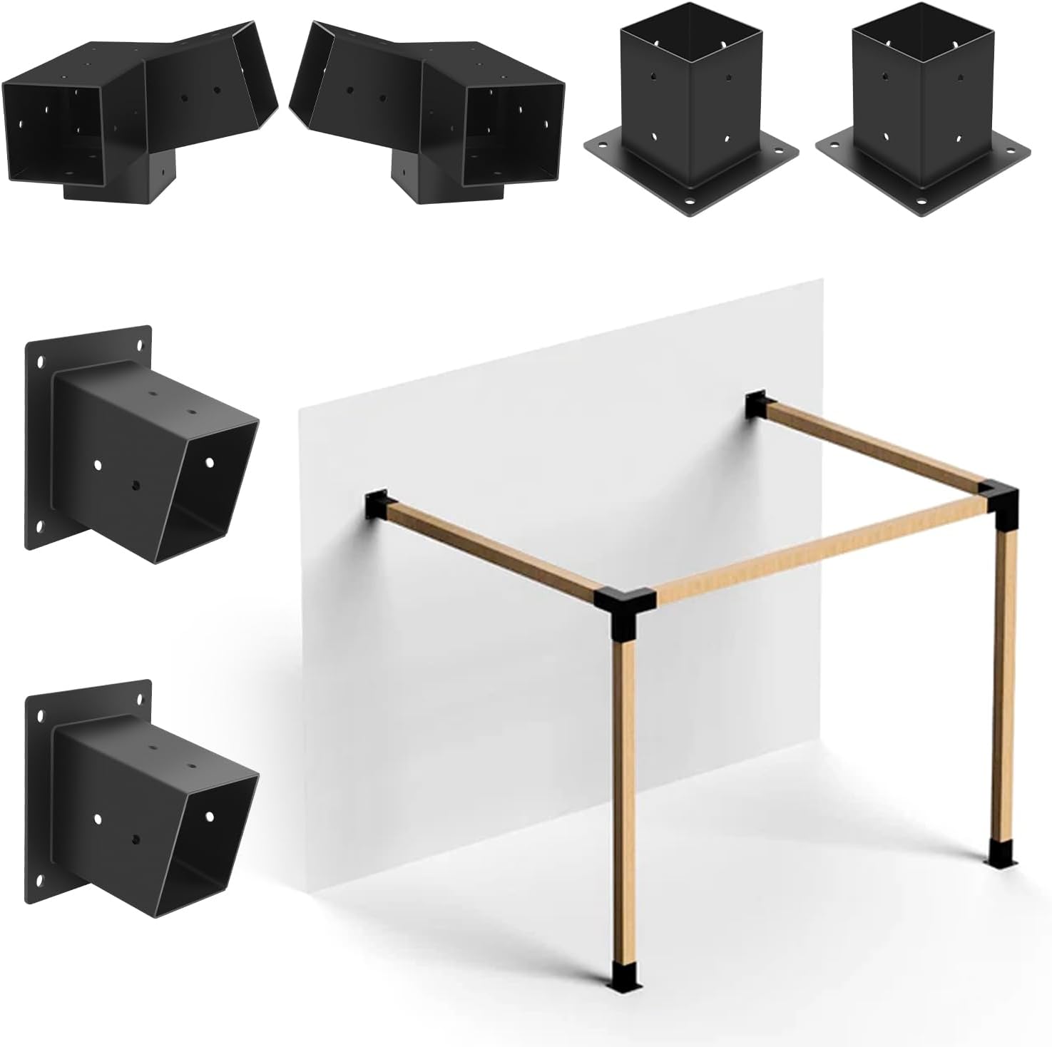 2-Pack Pergola Bracket Kit, 15° Slanted Roof Wall Mount 3-Way Pergola Kit with Post Base, Easy Installation for 4''x4'' Wooden Beams, Ideal for Gazebos, Patio Pergolas, Log Cabin