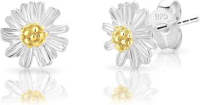DTPsilver® SMALL 925 Sterling Silver Studs Earrings - Daisy Flower with a Yellow Gold Plated Centre - Diameter: 8 mm
