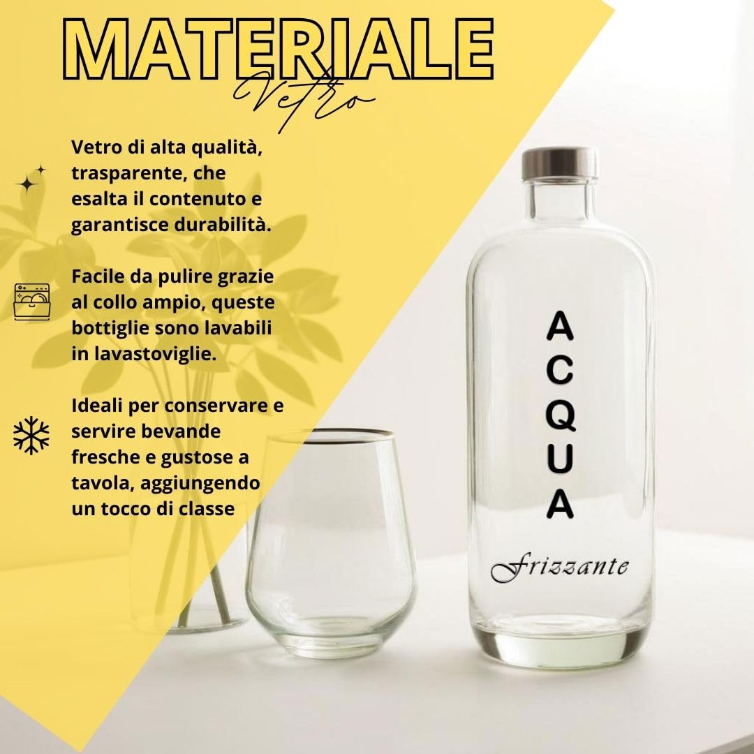 Set di 4 Bottiglie in Vetro Modello ARTEMIDE, 1 Litro, Serigrafia 4 Frizzante, Tappo a Vite colore Argento | Bottiglia Vetro Acqua