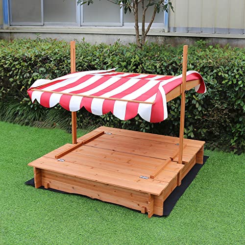 Critter Sitters Children's Wood Sand Box With 2 Foldable Benches, Red And White Striped Canopy, And Bottom Liner - Cssb0101-Cdr #TOP4