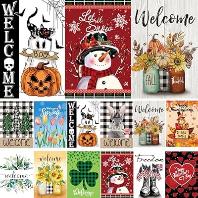 Seasonal Garden Flags Set of 12 Double Sided 12 x 18 Inch Yard Flags, Small Garden Flags for Outside, Fall Winter Halloween Christmas Outdoor Flags, Holiday Flags for All Seasons