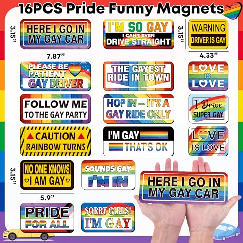 Image of 16PCS Gay Pride Car Bumper Magnets: Funny Rainbow Decals Bulk for LGBT Parade, Truck, Fridge, Cruise - Prank Gift Idea (Retro Fresh)