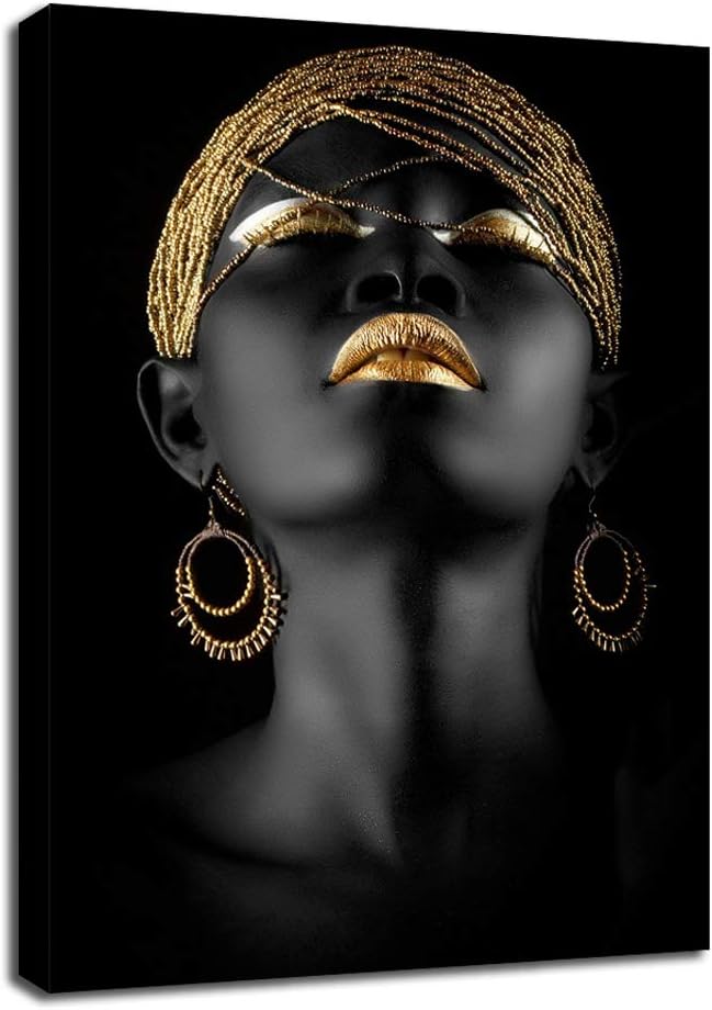 Fchen Art African Gold and Black Women Portrait Wall Decor Canvas Print Living Room Wall Decor Frame to Hang (A, 16x24inch)