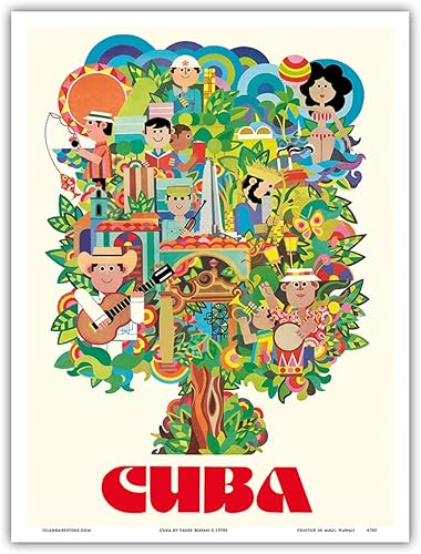 Cuba - Cuadro colorido de varios tipos de pueblos cubanos - Póster de viaje vintage por Yanes Mayan c.1970s - Impresión artística maestra de 9 x 12