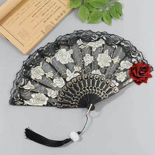 Miniatura 7 de Abanico de mano negro de Halloween de encaje rosa de mano, vintage retro flor española, gran abanico plegable para mujeres, regalo de baile de
