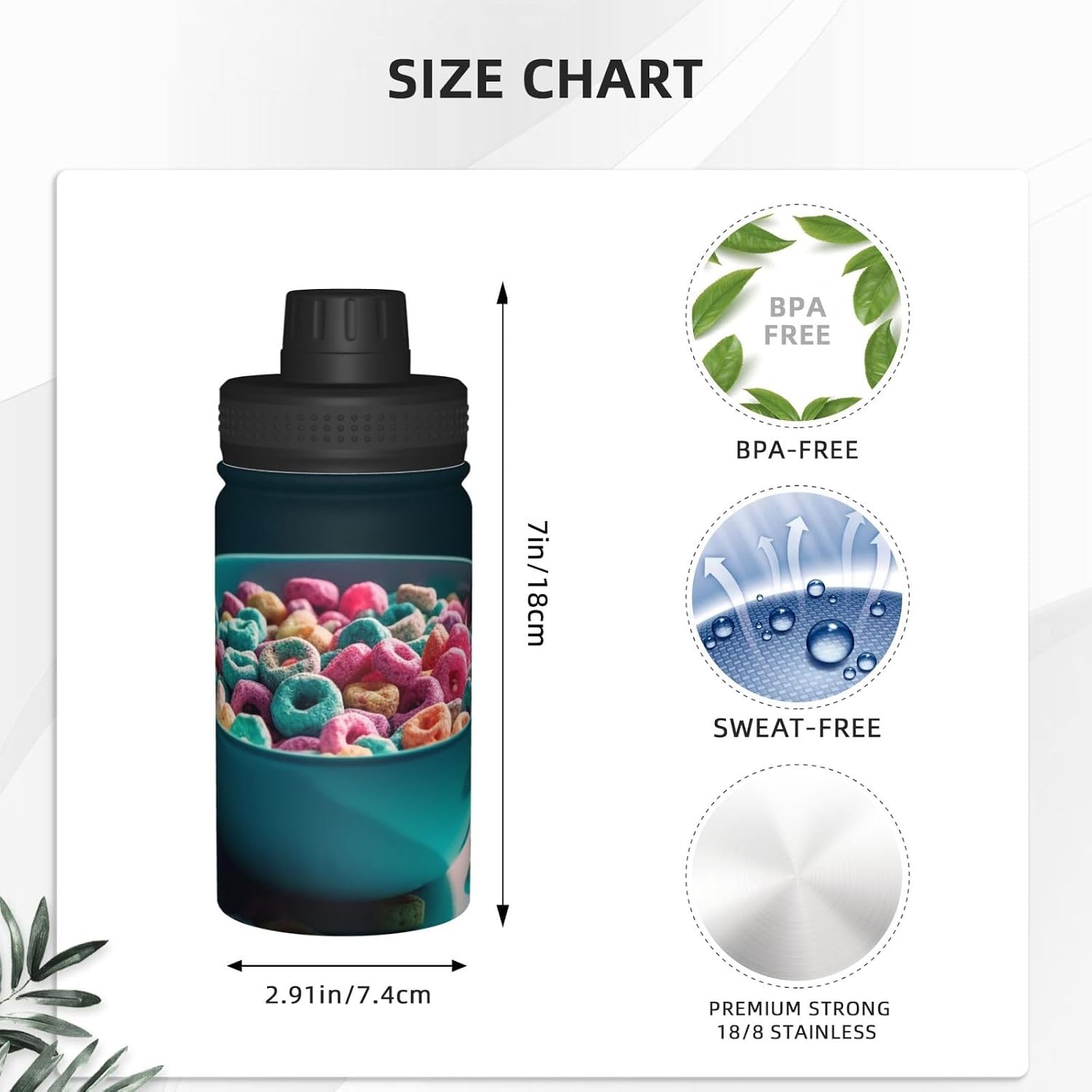 Colorful Cereal Water Bottle Stainless Steel Vacuum Insulated Sports Flask 12 Oz Water Bottles With Leakproof Spout Lid Lightweight Hot Cold Retention image 4