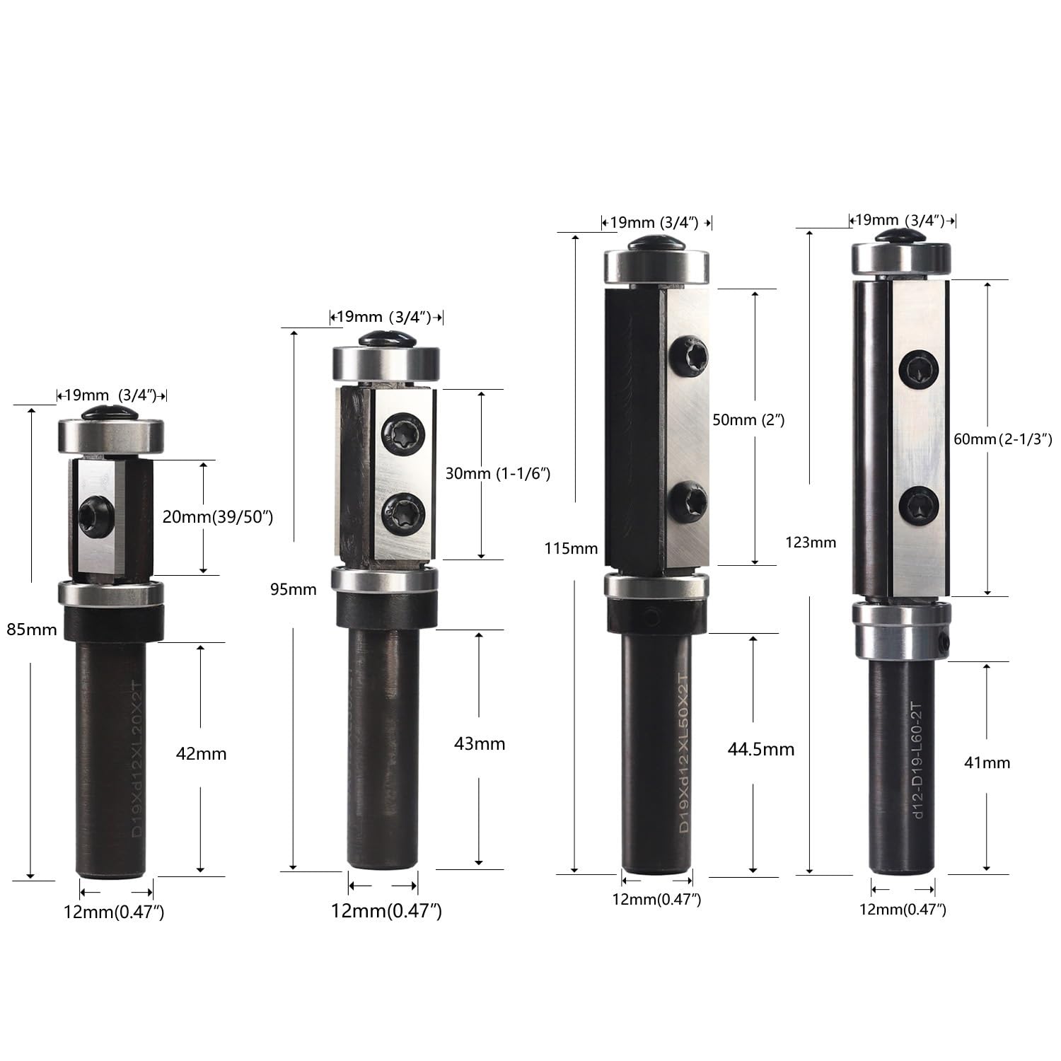 12mm Shank Flush Trim Router Bit Pattern Template Double Bearings Router Bit Planer Bit Cut Lenth 20/30/50/60mm 2 Inserts(30mm)