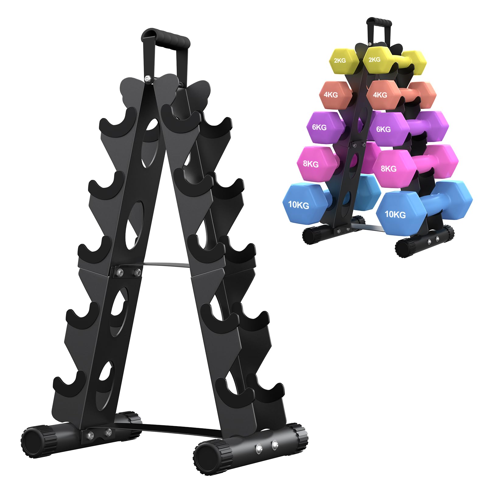 5-Etagen Hantelständer aus Metall, A-Rahmen Design mit Griff, Platzsparendes Fitness-Rack für Home-Gym (Hanteln separat erhältlich)