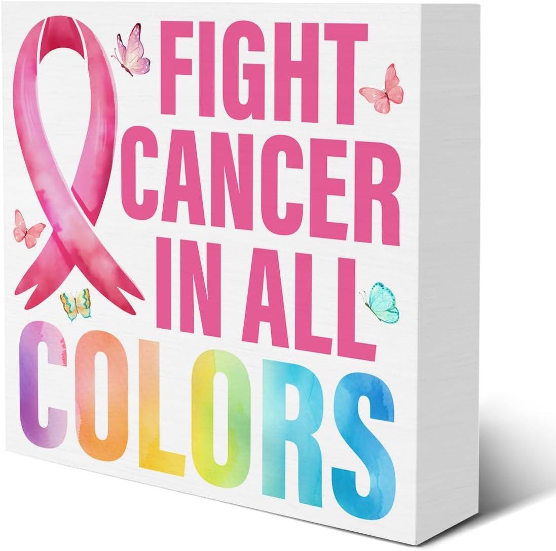 Fight Cancer in Colors Box Sign 5x5 Inch Pink Ribbon Decor
