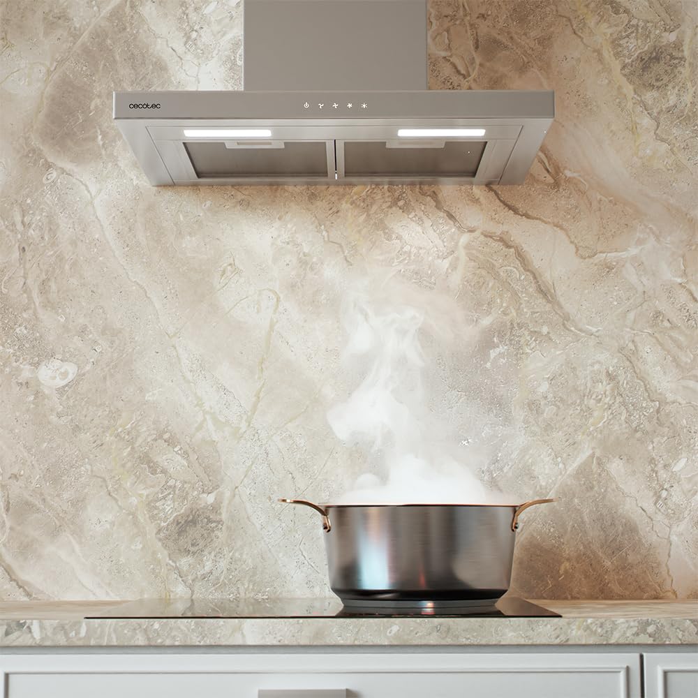 Cecotec Cappa aspirante 60 cm Tipo T Bolero Flux TT 604000 Inox A++. Aspirazione 393m3/h, motore DC, 3 velocità, SS Touch Control, finitura inossidabile, luce LED, filtri in alluminio e carbonio