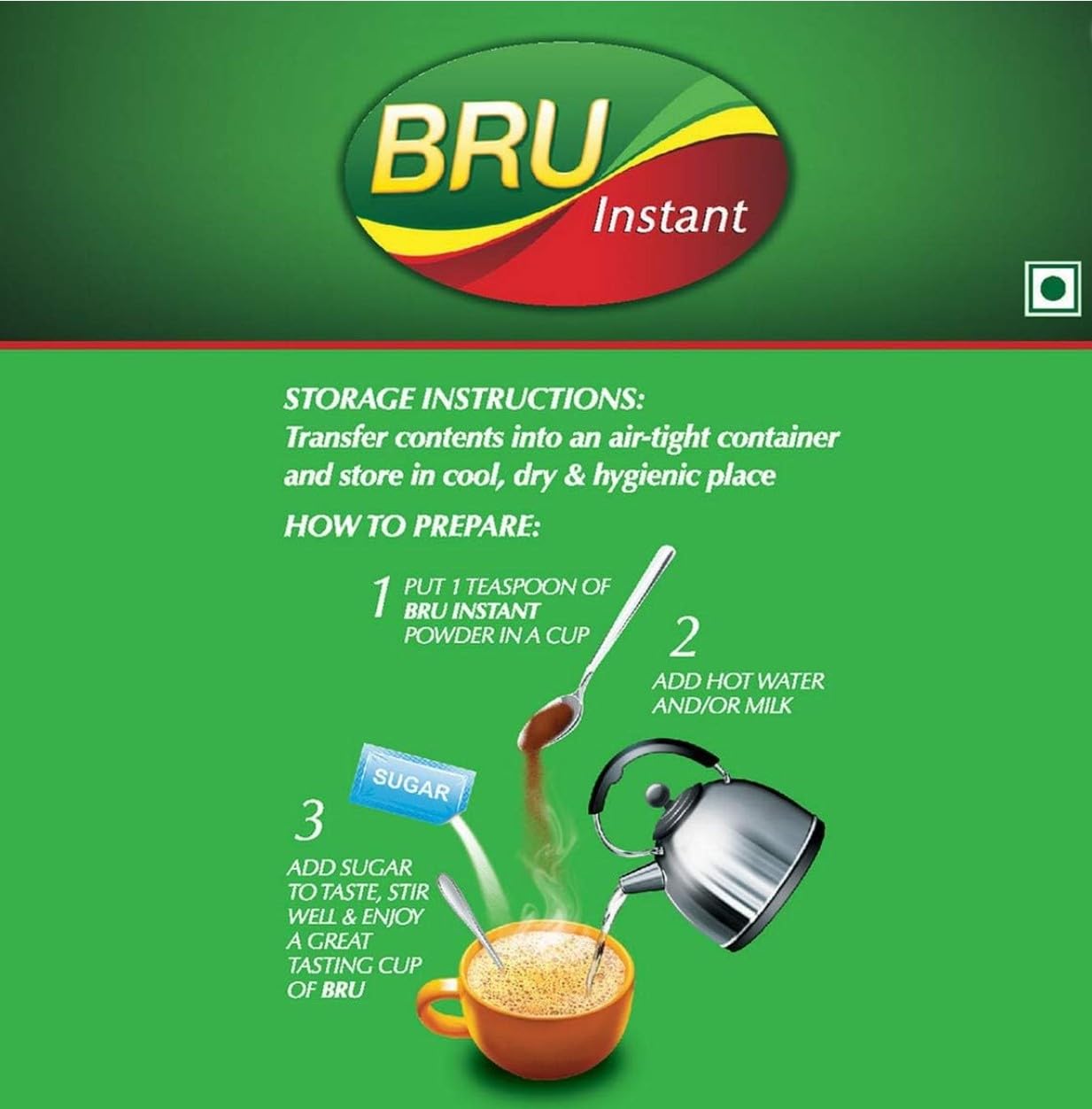 An illustration showing storage instructions and preparation steps for Bru Instant Coffee. The storage section advises transferring contents to an airtight container and storing in a cool, dry place.
