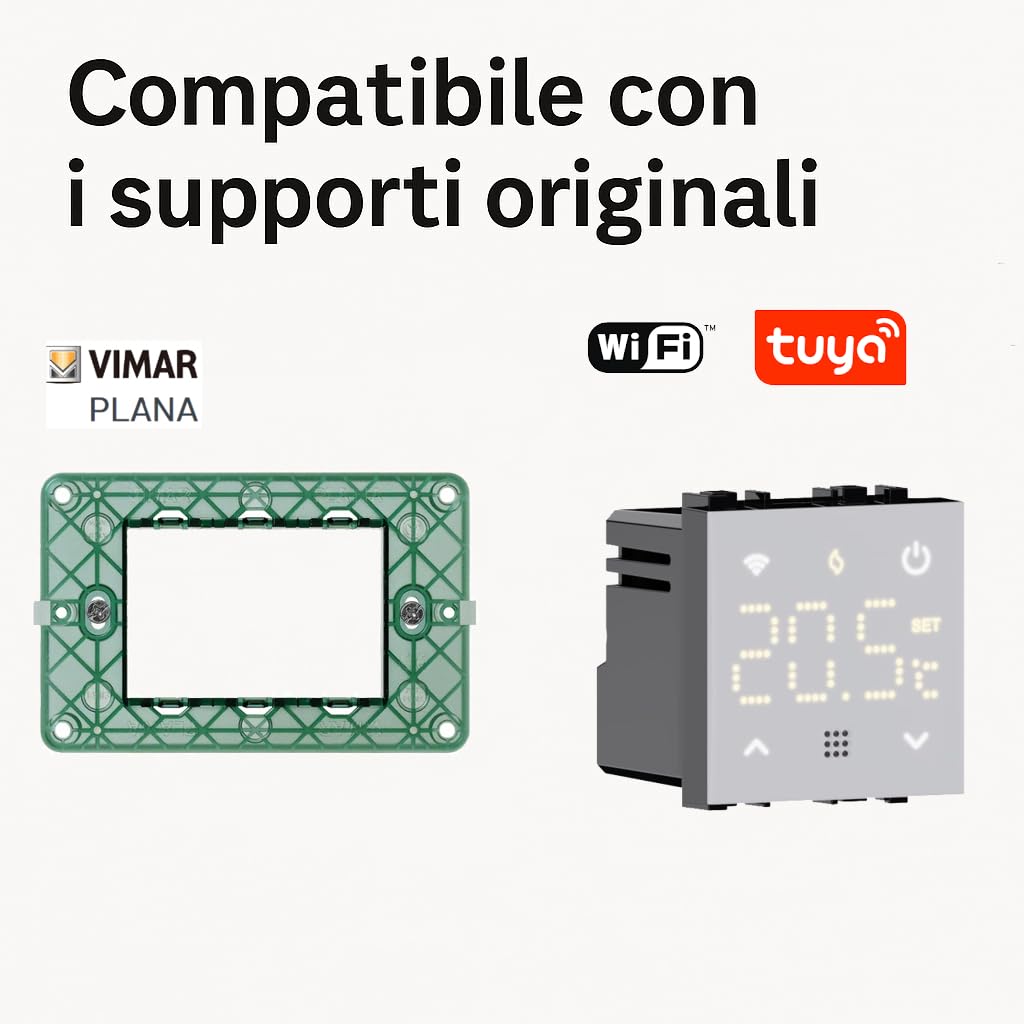 Elektronova Cronotermostato connesso WIFI TUYA da incasso modulo programmabile 2P 240V display touch retroilluminato colore bianco compatibile su supporti Vimar plana