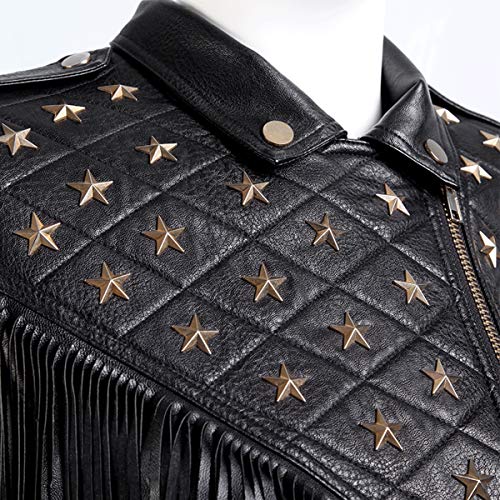 Sx Spring Autumn Women Jacket New Personality Tassel Rivets Faux Leather Pu Short Biker Leather Jacket Black Streetwear Coat (M, Black) #TOP2