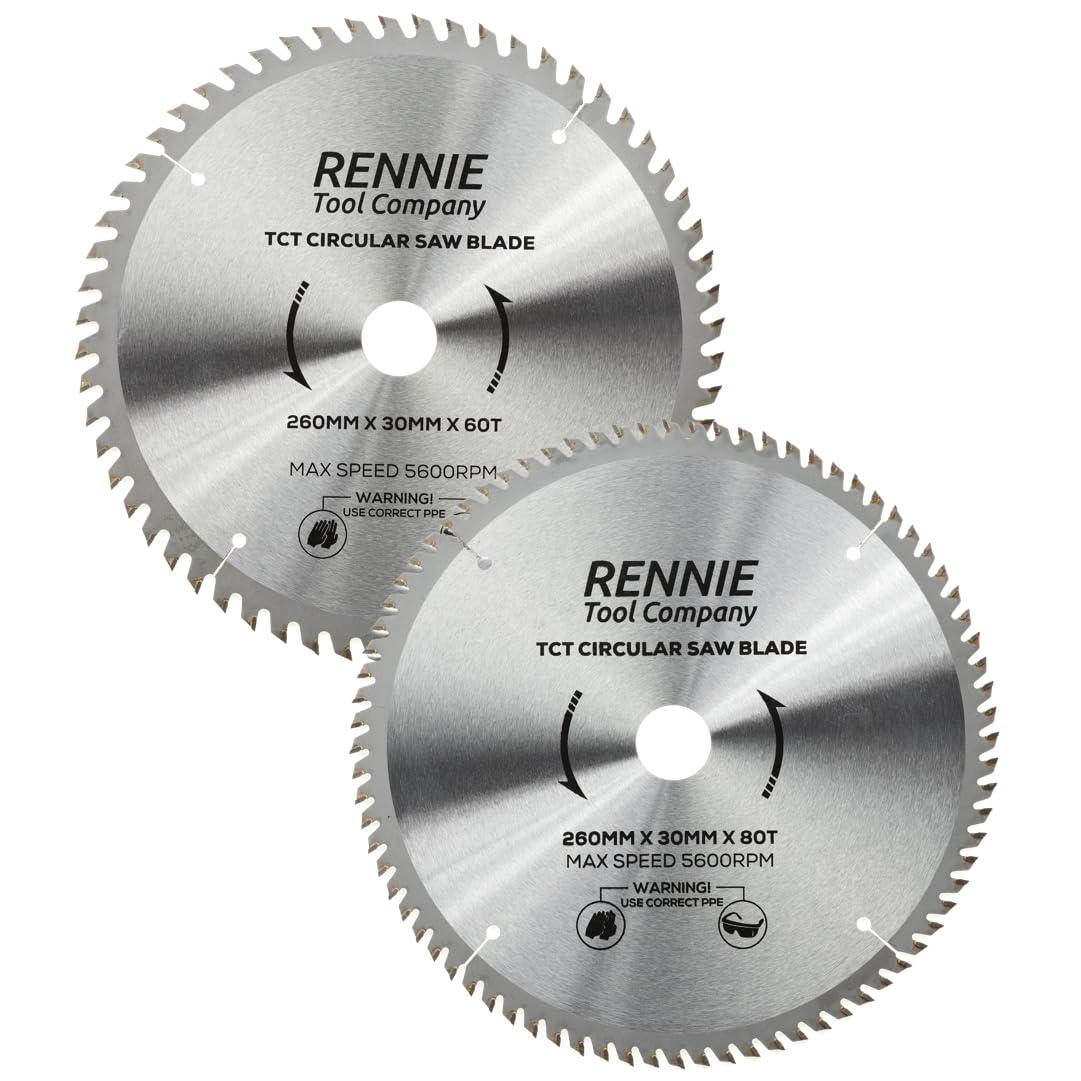 Confezione da 2 lame circolari per legno con foro da 260 mm x 30 mm x 60T e 80T TCT Include anelli di riduzione del foro da 25 mm, 20 mm e 16 mm. Compatibile con sega circolare Festool Bosch, Makita,