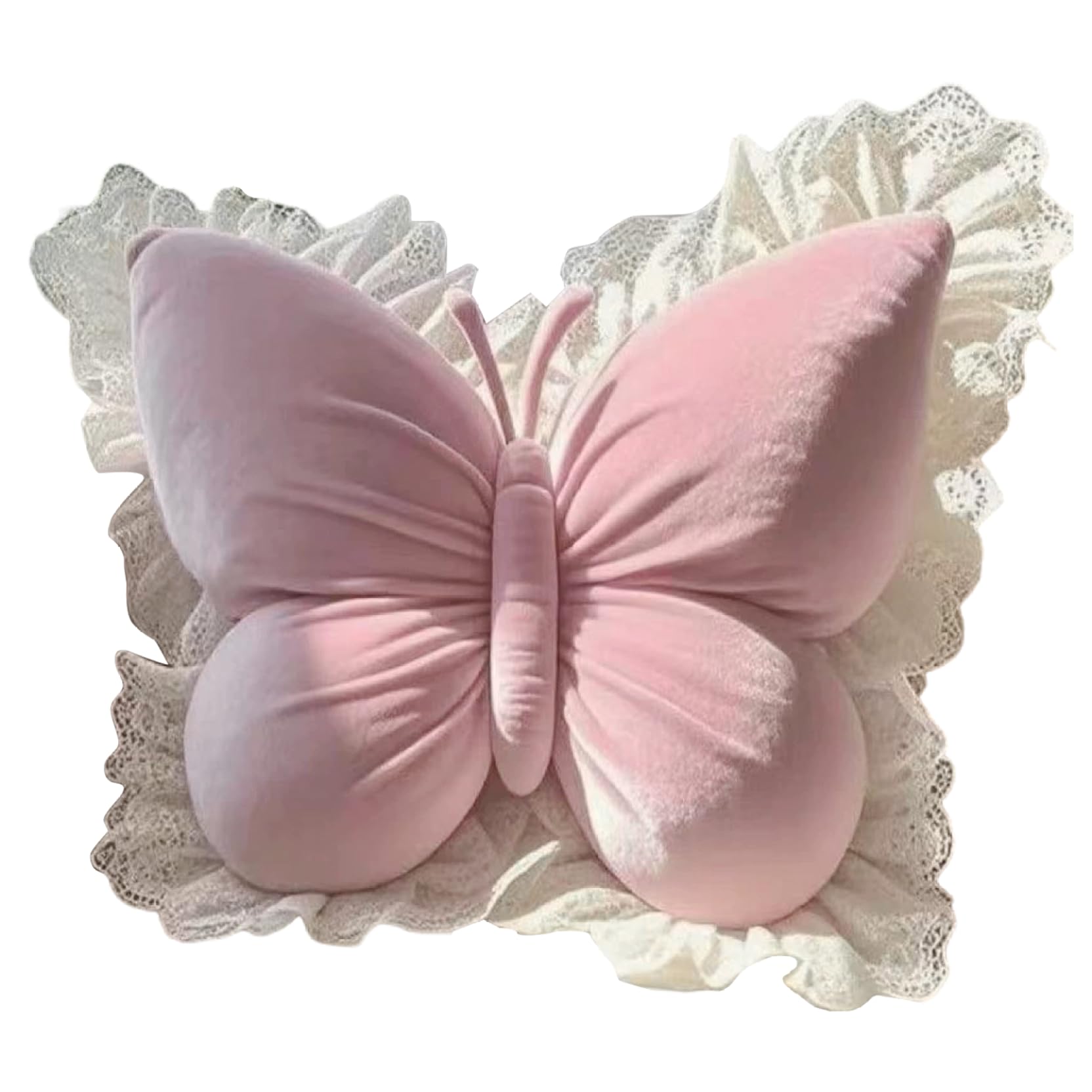 Coussin papillon en peluche douce oreiller decoratif avec dentelle 50x45