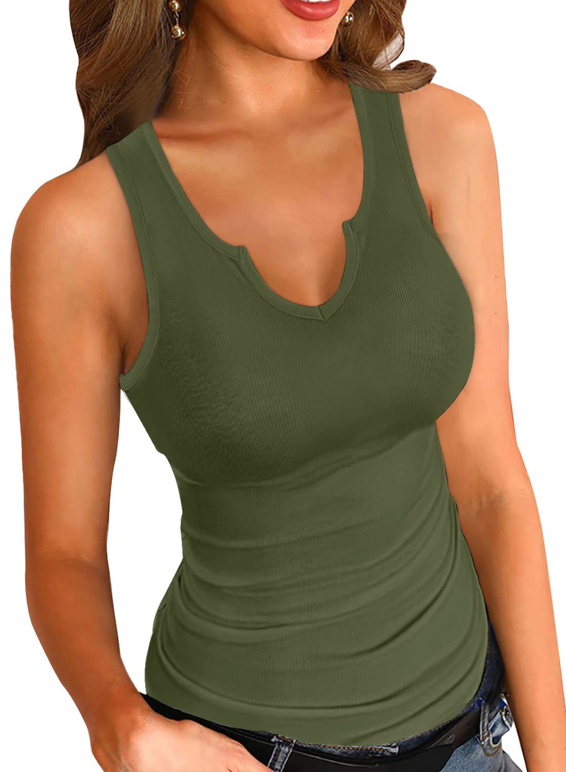 SANDERYTank Tops for Women Summer Sleeveless V Neck Fitted Top Slim Ribbed Racerback Basic Cami Shirt Tanks