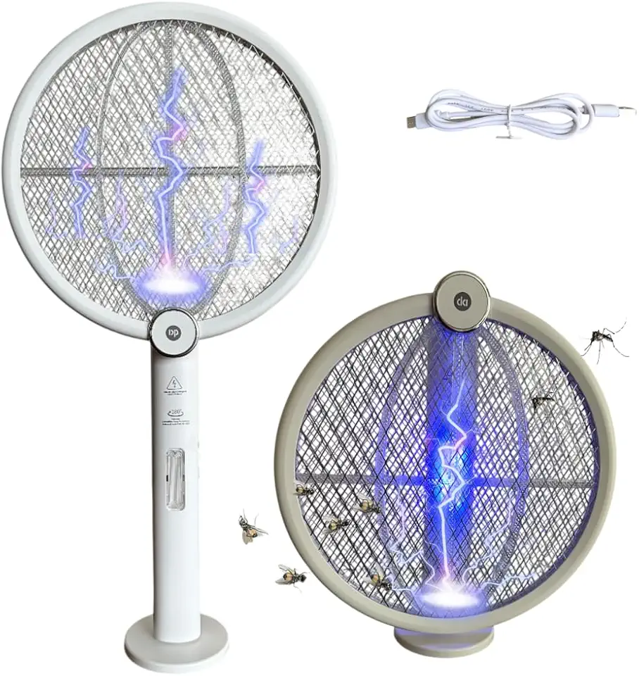 Raquete Elétrica Recarregável Cor Branca Mata Mosquistos Pernilongos Com Iluminação Luz UV Atrai Insetos Raquete Dobravél Com Suporte De Mesa E USB