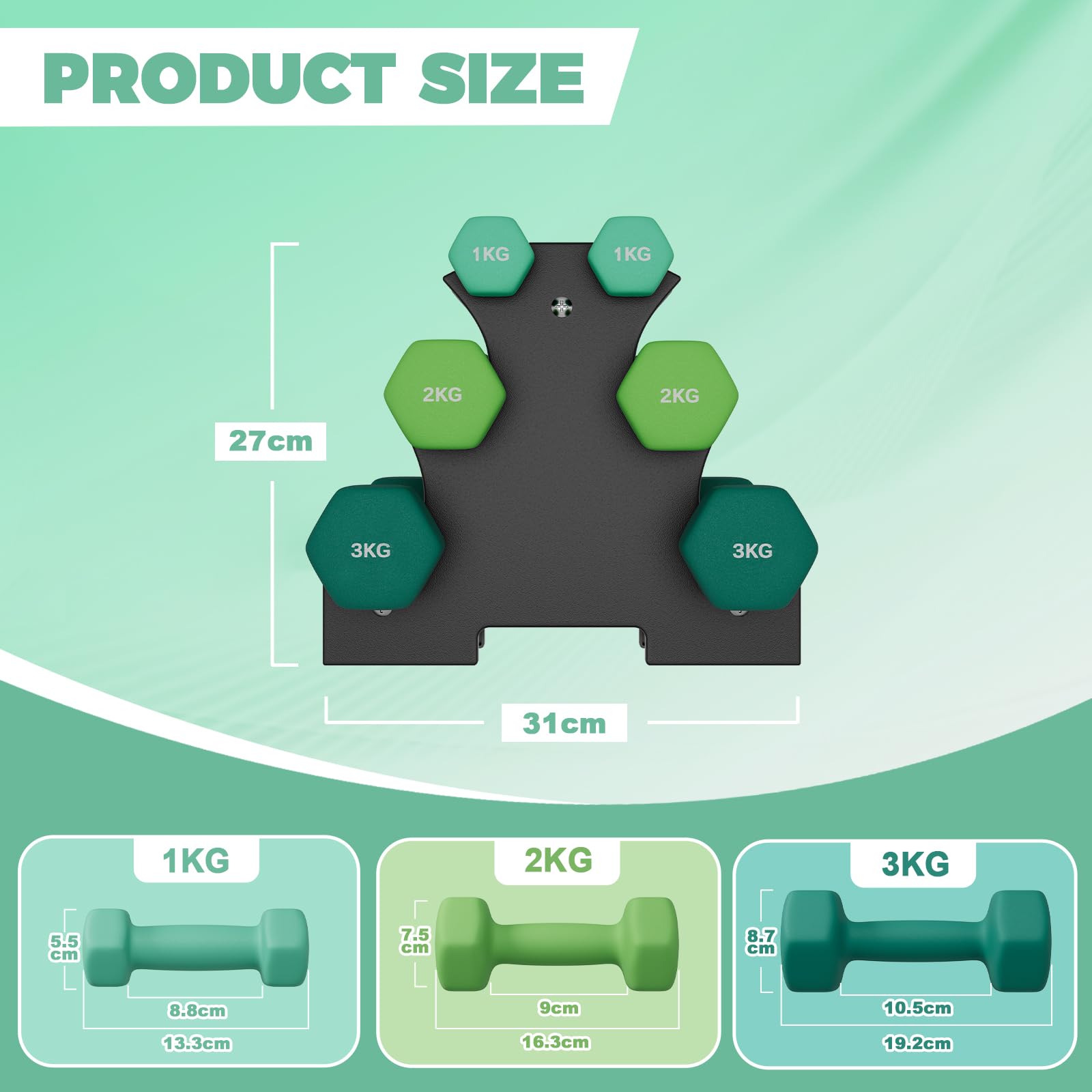 Dripex Set di manubri, 3 paia da 1 kg-3 kg o 1 kg-5 kg con supporto per riporli, manubri da 12 kg o 18 kg in neoprene per l'uso domestico