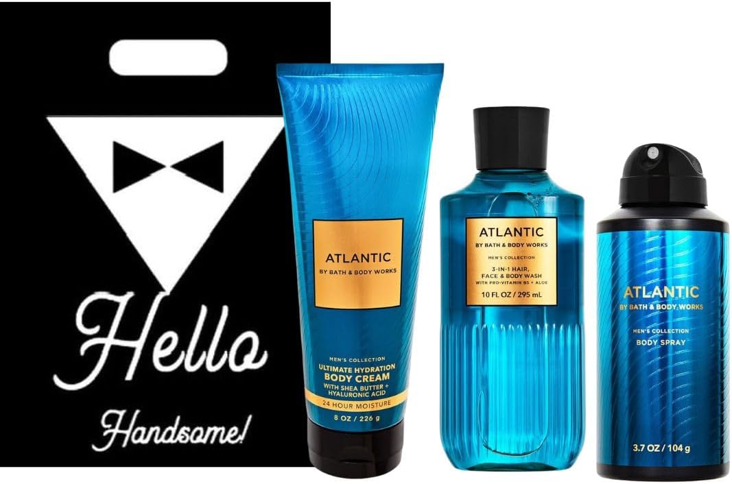 Atlantic - White Barn - Bath/Body Work - Gift Set 3 Piece Bundle - with Gift Bag Hello Handsome