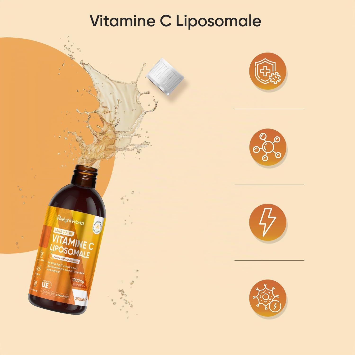 Vitamine C Liposomale 1000mg Liquide Vegan 250ml sans Sucre - Vitamine C Liquide Liposomale en Format Sirop Arôme Nautrel d'Orange - Vit C sans OGM avec Bouchon Doseur
